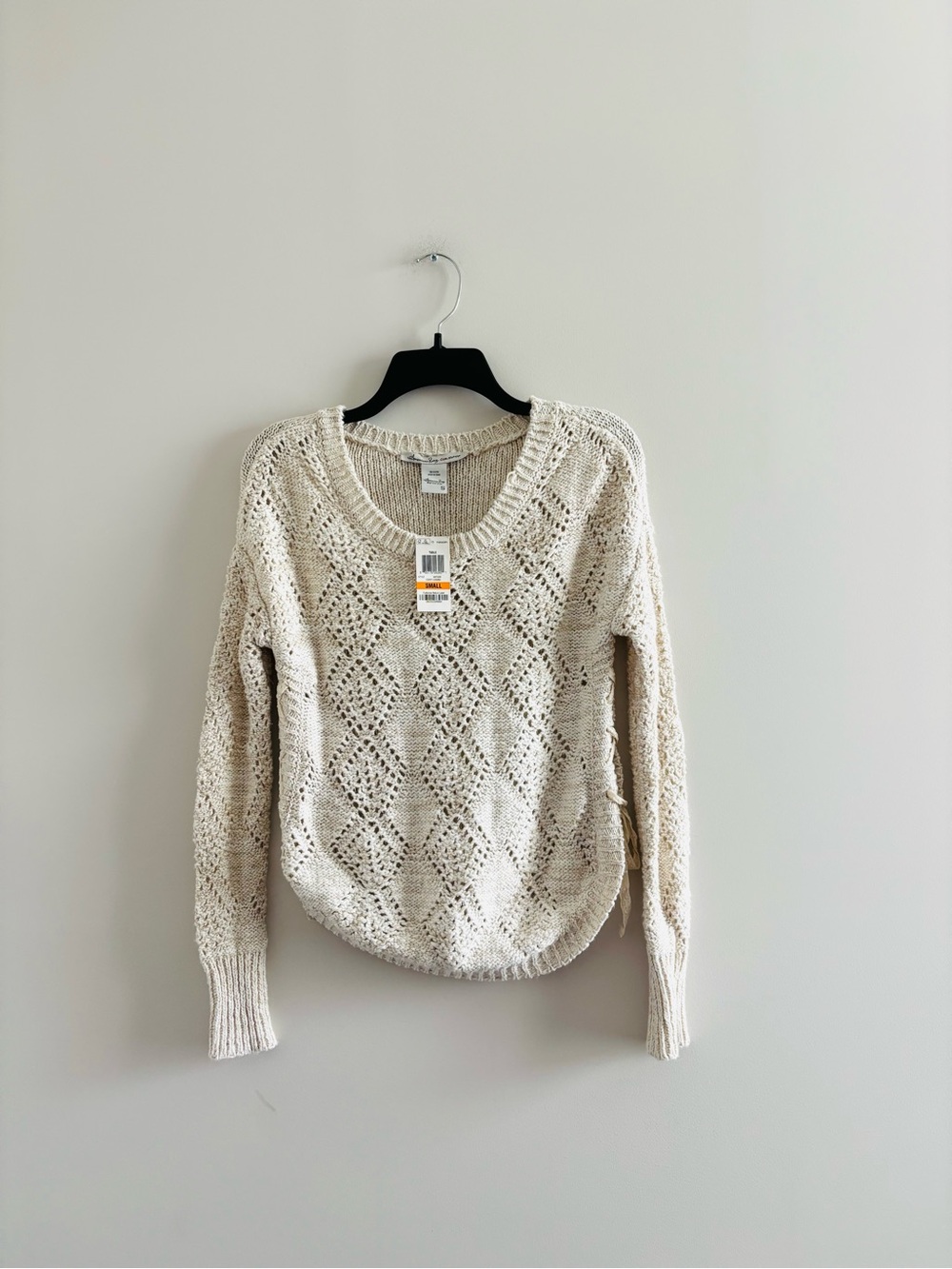 Y2K American Rag Sweater Crochet Knit Beige Lace-Up Womens S Preppy Coastal NWT